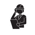 Construction engineer talk black vector concept icon. Construction engineer talk flat illustration, sign