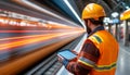 Construction Engineer Using Digital Tablet Monitoring Progress of Nighttime Railway Platform Project Royalty Free Stock Photo