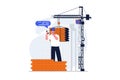 Construction engineer web concept with character scene. Man worker loading bricks with crane at building site. People situation in Royalty Free Stock Photo