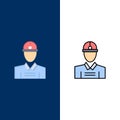 Construction, Engineer, Worker, Work  Icons. Flat and Line Filled Icon Set Vector Blue Background Royalty Free Stock Photo