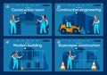 Construction engineering flat landing pages set. Welder, painter and bricklayer working at scenes for website or CMS web