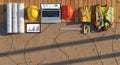 Construction Engineering Safety Tools Flat Lay with Blueprints Hard Hats Technology Wood Concrete Copy Space Royalty Free Stock Photo