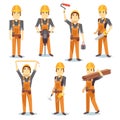 Construction engineering industrial workers working with building tools and equipment vector people character set Royalty Free Stock Photo