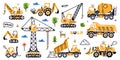 Construction Equipment and Heavy Machines for Industrial Work Vector Set