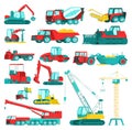 Construction equipment, heavy mining machinery set, vector illustration. Excavator, tractor, dump truck, bulldozer and