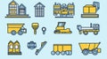 Construction Vehicles and Buildings Set Yellow Heavy Machinery Icons Royalty Free Stock Photo