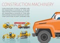 Construction equipment and machinery vector poster. Tractor, trucks crane and bulldozer set of building and construction