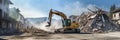 Construction equipment removes rubble after earthquake