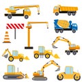 Construction equipment set. Special machines for construction work. Forklifts, concrete mixer, cranes, excavators Royalty Free Stock Photo