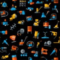 Construction equipment and tools, seamless background, black, colored.