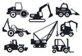 Construction equipment: trucks, excavator, bulldozer, elevator, cranes