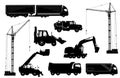 Construction equipment: trucks, excavator, bulldozer, elevator, cranes