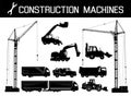 Construction equipment: trucks, excavators, bulldozer, elevator, cranes. Detailed silhouettes of construction machines isolated