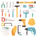 Construction equipment vector constructive tools of builder or constructor with hammer and screwdriver illustration of