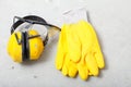 Construction equipment work gloves noise muffs Royalty Free Stock Photo