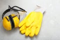 Construction equipment work gloves noise muffs Royalty Free Stock Photo