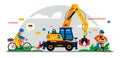 Construction equipment and workers at the site. Colorful background of geometric shapes and clouds. Builders