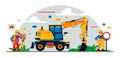 Construction equipment and workers at the site. Colorful background of geometric shapes and clouds. Builders