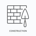 Construction flat line icon. Vector outline illustration of brickwork and trowel. Black thin linear pictogram for