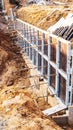 Construction formwork for concreting close-up vertical photo. The use of formwork and iron reinforcement bars or rebars in the