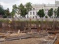 Construction of the foundation of a large complex. Workplace of builders