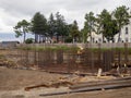 Construction of the foundation of a large complex. Workplace of builders