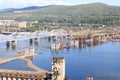 Construction of a fourth bridge across the Yenisei. Krasnoyarsk Royalty Free Stock Photo