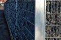 Construction of a gabion retaining wall, as part of the fencing home coarser gravel filled poured between two wire slabs. stones p