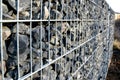 Construction of a gabion retaining wall, as part of the fencing home coarser gravel filled poured between two wire slabs. stones p Royalty Free Stock Photo