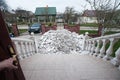 Construction garbage after apartment repair. Pile of construction waste near a multistorey residential building. Construction Royalty Free Stock Photo