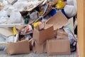 Construction garbage after building repair in bags. Bunch of trash for utilize. Removal of debris.