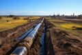 Construction of a gas transmission network. Laying pipes in the ground