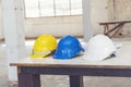 Construction hard hat safety tools equipment for workers in construction site for engineering protection head standard. Many hard Royalty Free Stock Photo