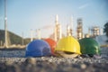 Construction hard hat safety tools equipment for workers in construction site for engineering protection head standard. Many hard Royalty Free Stock Photo