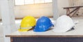 Construction hard hat safety tools equipment for workers in construction site for engineering protection head standard. Many hard