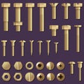 Screws, bolts, nuts and rivets. Equipment stainless, metalli fix gear, set illustration.