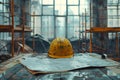 Construction Harmony: Helmet and Blueprints with Scaffolding. Concept Construction, Safety Gear, Royalty Free Stock Photo