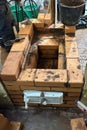 Construction of a heating stove. Fresh brickwork of the stove firebox. Royalty Free Stock Photo