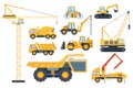 Construction heavy equipment. Crane and building machinery, road roller, excavator, tractor, cement mixer truck and