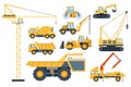 Construction heavy equipment. Crane and building machinery, road roller, excavator, tractor, cement mixer truck and drill machine Royalty Free Stock Photo