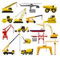 Construction Heavy Machinery with Crane, Excavator, Concrete Mixer and Truck Big Vector Set Royalty Free Stock Photo