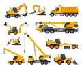 Construction Heavy Machinery Set, Heavy Special Transport, Truck, Excavator, Bulldozer, Crane Vector Illustration