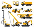 Construction Heavy Machinery Set, Heavy Special Transport, Truck, Excavator, Bulldozer, Crane Service Vehicles Vector Royalty Free Stock Photo