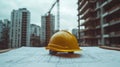Construction Safety Helmet on Blueprints with Building Site Background Royalty Free Stock Photo