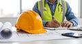 Construction Helmet and Engineer Planning Desk, AI Generated Royalty Free Stock Photo