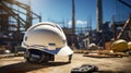 Construction helmet rests on a dusty surface with a blurred backdrop of a construction site. AI generated Royalty Free Stock Photo