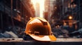 Construction helmet rests on a dusty surface with a blurred backdrop of a construction site. AI generated Royalty Free Stock Photo