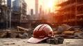 Construction helmet rests on a dusty surface with a blurred backdrop of a construction site. AI generated Royalty Free Stock Photo