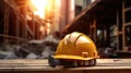 Construction helmet rests on a dusty surface with a blurred backdrop of a construction site. AI generated Royalty Free Stock Photo