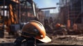 Construction helmet rests on a dusty surface with a blurred backdrop of a construction site. AI generated Royalty Free Stock Photo